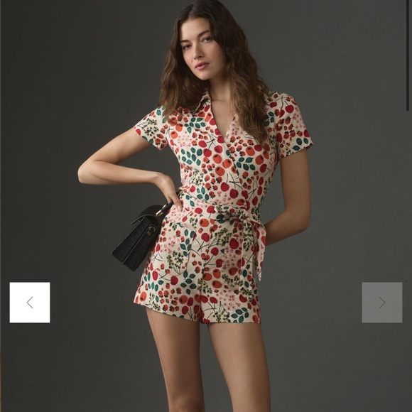 NWT Maeve Linen Short-Sleeve Wrap Romper in Red Motif - Picture 4 of 13